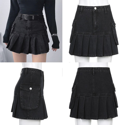 high waist pleated denim skirt