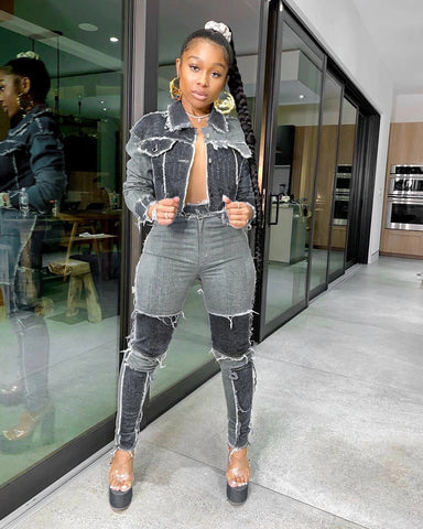 Women Black Patchwork Denim Set