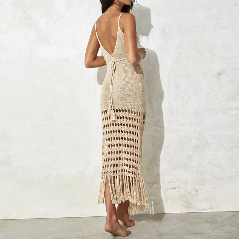 Tassel Crochet Hollow Out Women Beach Dress Khaki