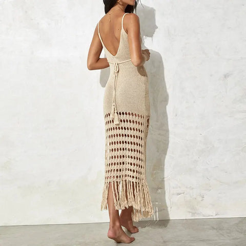 Tassel Crochet Hollow Out Women Beach Dress Khaki