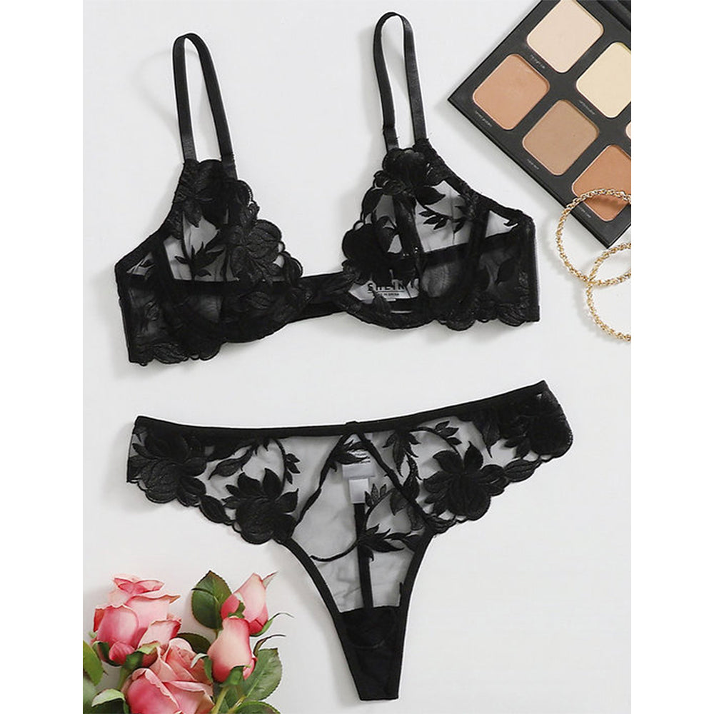 Erotic Flower Black Bra Set 