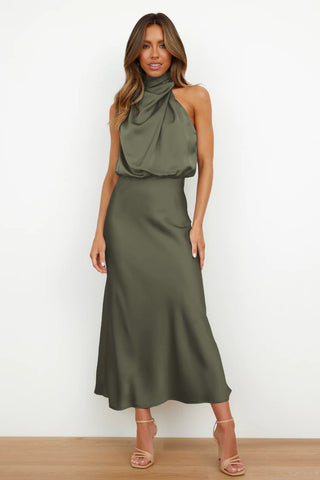 Army Green Halter top Sleeveless Cocktail Dress