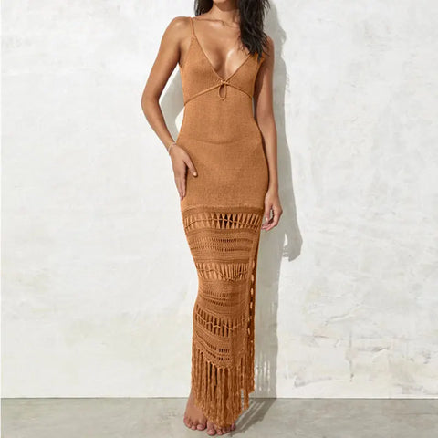 Tassel Crochet Hollow Out Women Beach Dress Beige