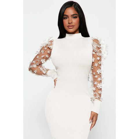 White  Tiffany Tulle Sleeve Bodycon Midi Dresses