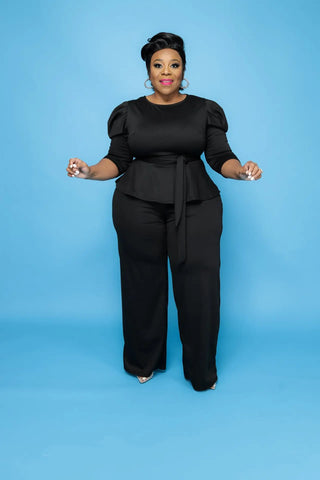 Black Plus Size Elegant Tops & Pants Women's Outfit