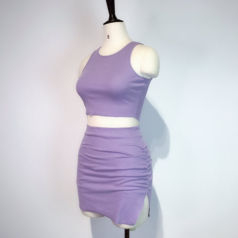 cotton mini skirt and crop top purple side view