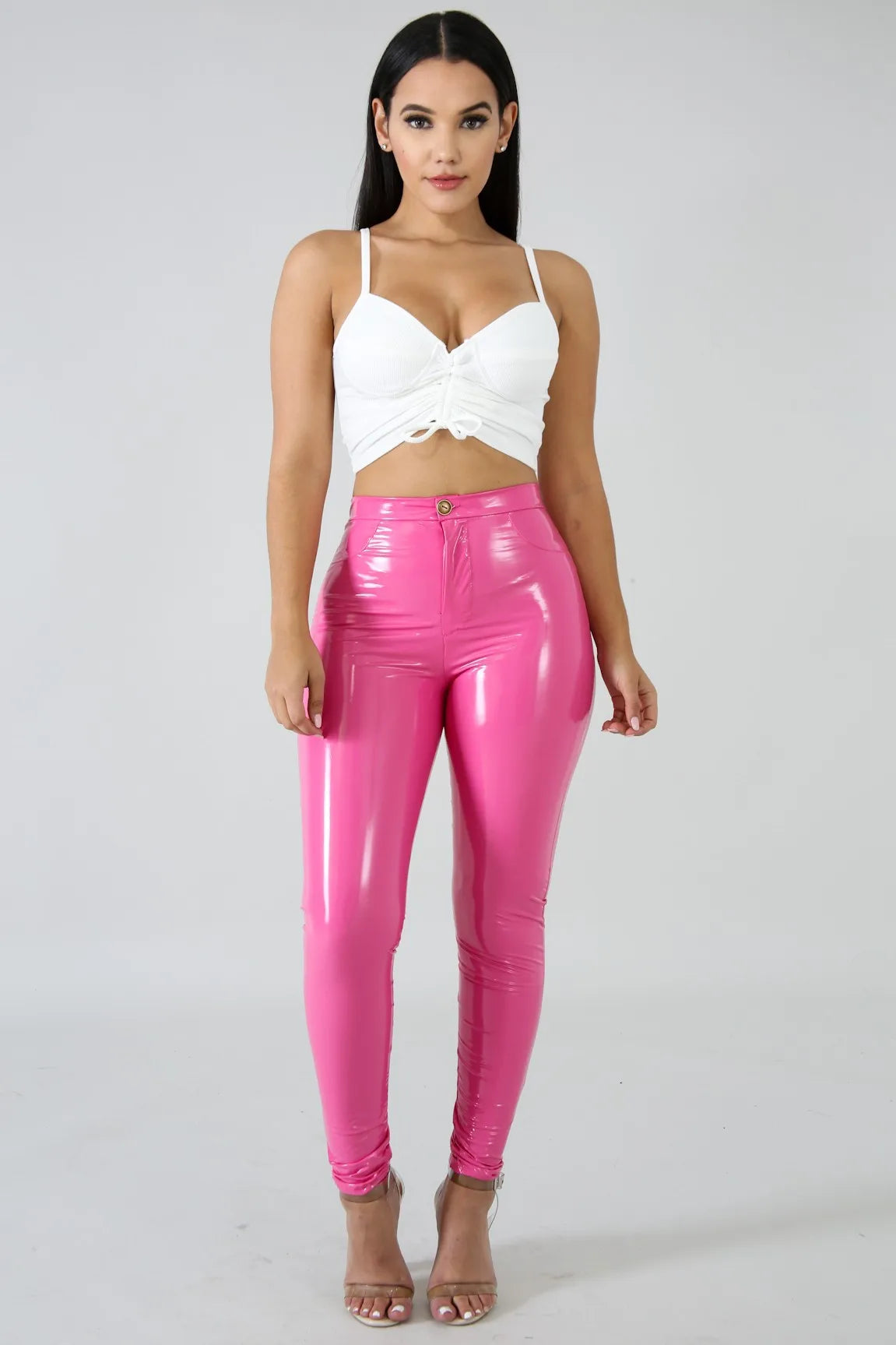 Gradient Sequin Button Bright PU Pants Pink