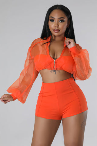 Orange Transparent Mesh Crop Tops and Ladies Biker Shorts Set