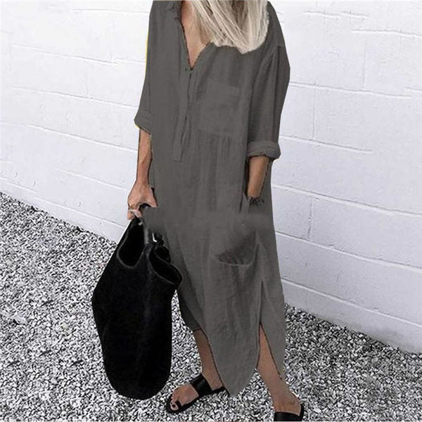 Gray Side Split Long Sleeve Cotton Linen Shirt Dress