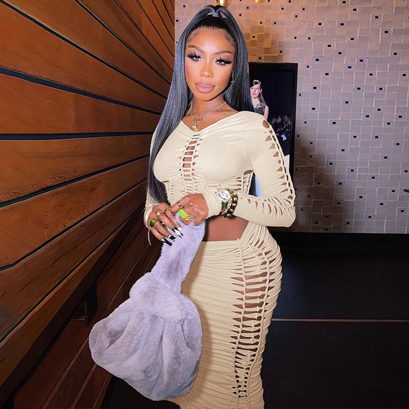 Long Sleeve Crop Top Skirt Set