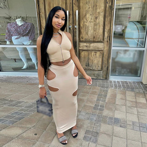 Material Girl Hollow Skirt Set Khaki