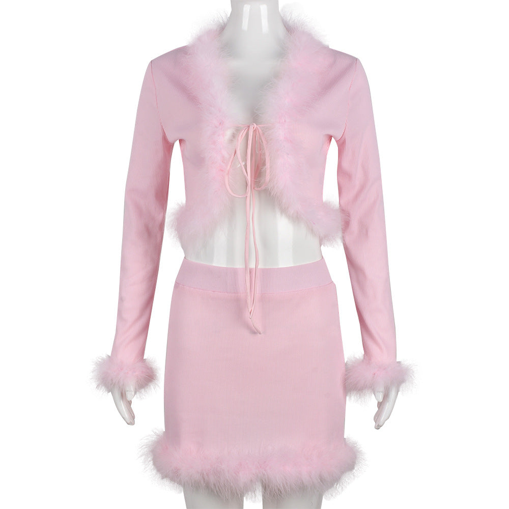 Pink Ribbed Feather Fur Mini Skirt Set | Cultureheaven.com