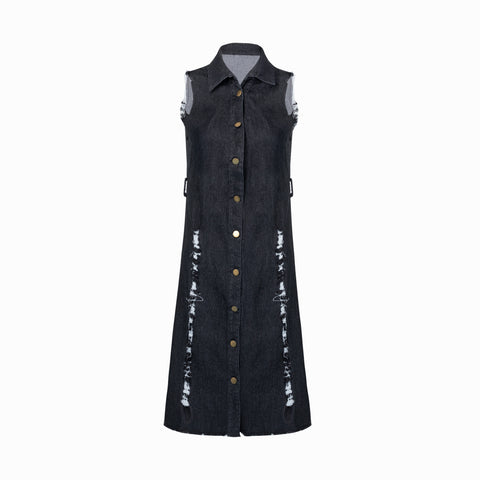 Black Ripped Denim Dress with Belt