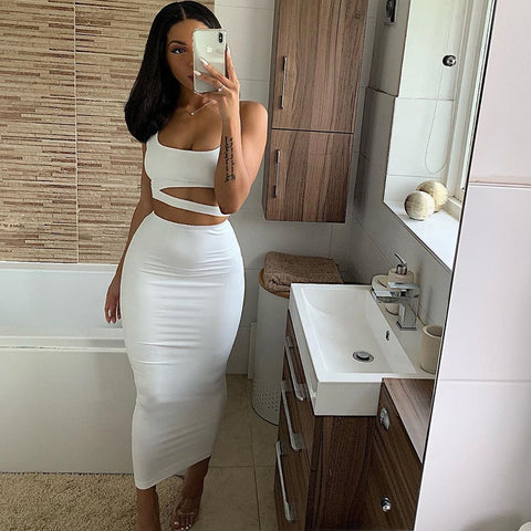 Sexy Hollow Out Pleated Crop Top and Skirt 2 Piece Dress Set Bodycon Club Summer Outfit women two piece set