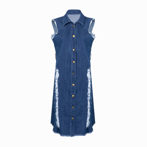 Blue Ripped Denim Dress with Belt