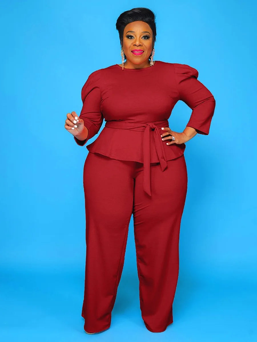Burgundy Plus Size Elegant Tops & Pants Women's Outfit