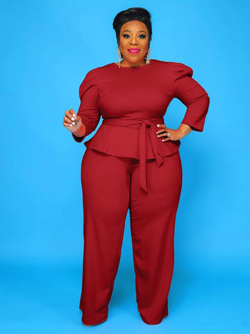 Burgundy Plus Size Elegant Tops & Pants Women's Outfit