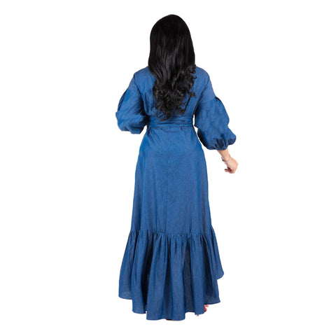 Blue Pleated Asymmetrical Hem Summer Dress