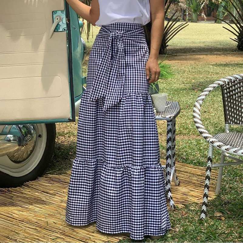 Vintage High Waist Maxi Plaid Skirt