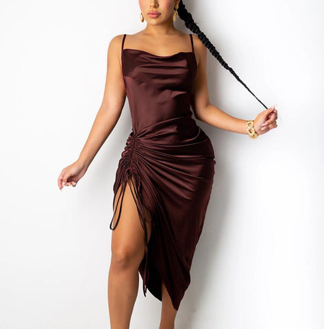 Sexy Ruched Satin Summer Dress Burgundy