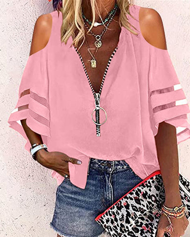 V-neck Zip-up Half-flare Sleeve Tops | Cultureheaven.com