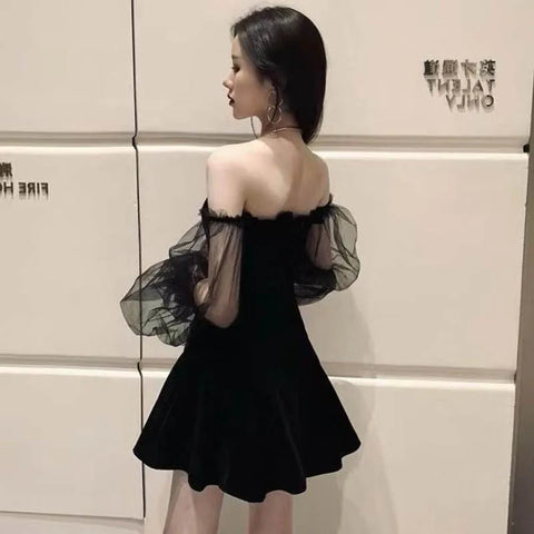 Off Shoulder Lace Chiffon Mini Dress 