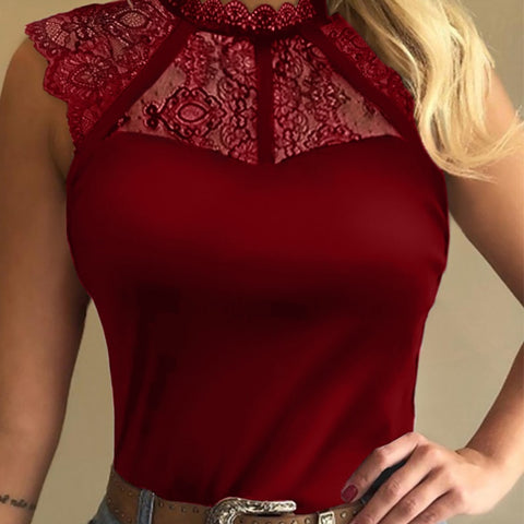 Sleeveless Crew Neck Lace Polka Dot T-Shirt
