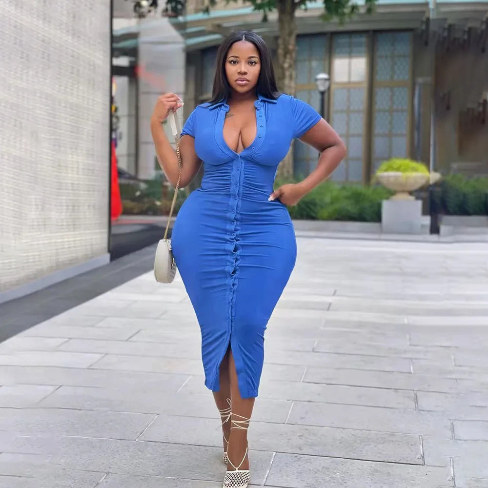 Blue Plus Size Buttons Up Bodycon Dress