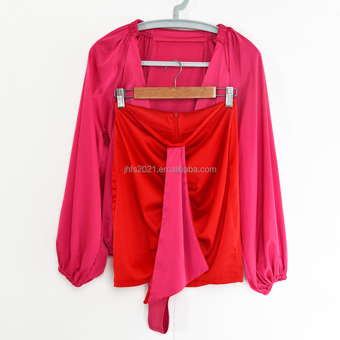 V Bodysuit Puff Sleeve Mini Skirts  | Cultureheaven.com