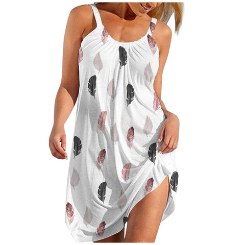 Featherlight Chic Beach Dress White-Feather  print