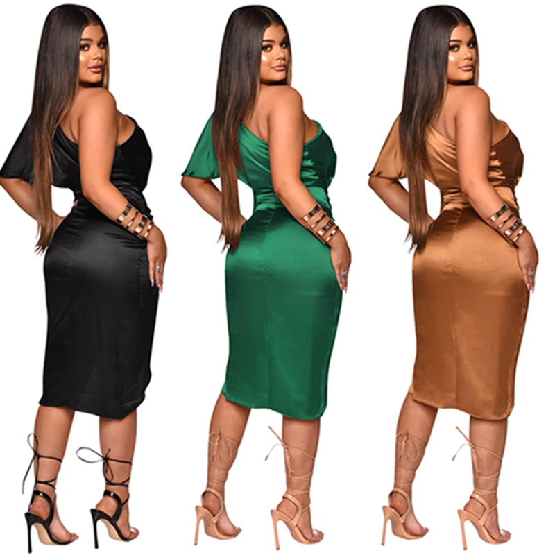 Satin One Shoulder Asymmetric Ruched Dress