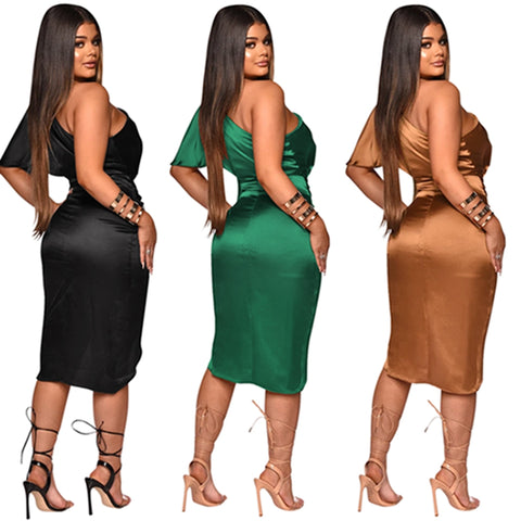 Satin One Shoulder Asymmetric Ruched Dress