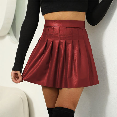 red PU leather pleated skirt