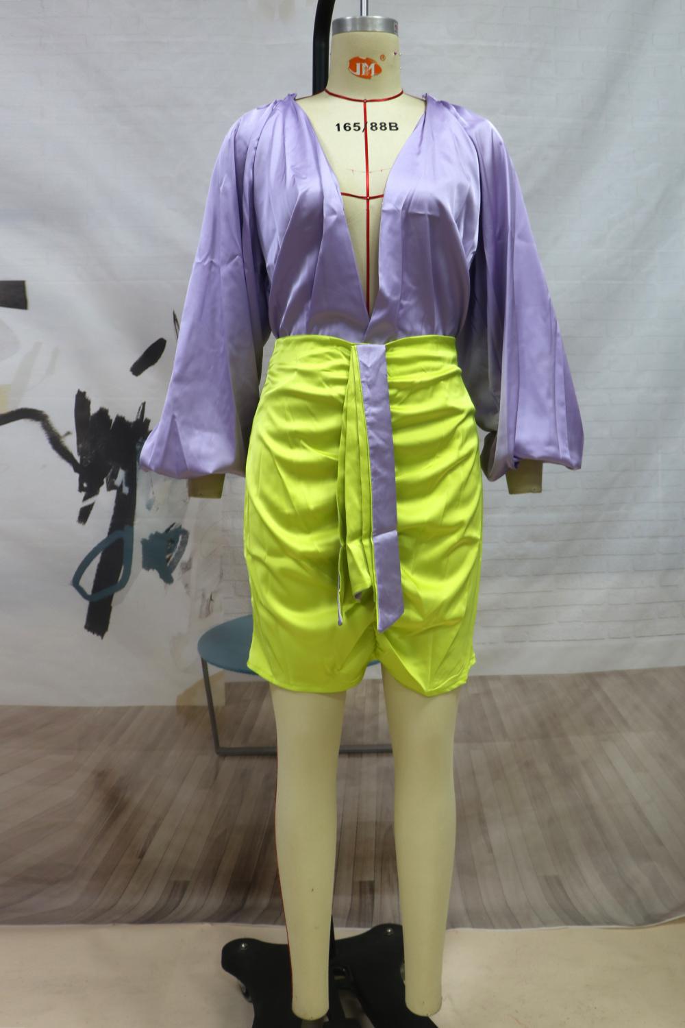 V Bodysuit Puff Sleeve Mini Skirts  | Cultureheaven.com