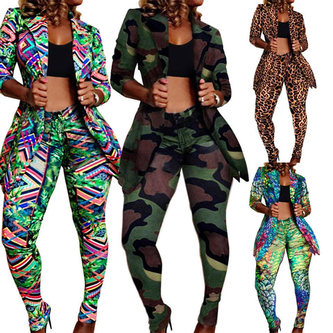 Print Lapel Jacket Nightclub Trousers Two-Piece Set 