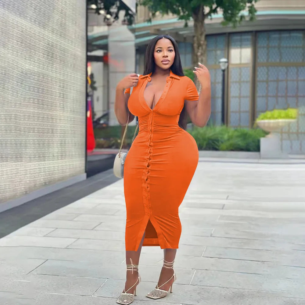 Orange Plus Size Buttons Up Bodycon Dress