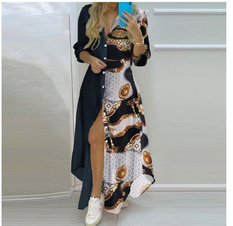 Buttoned Slit Shirt Brunch Black and Gold Dress