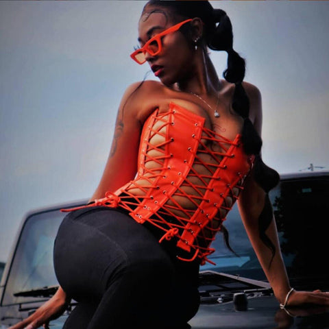 string leather corset