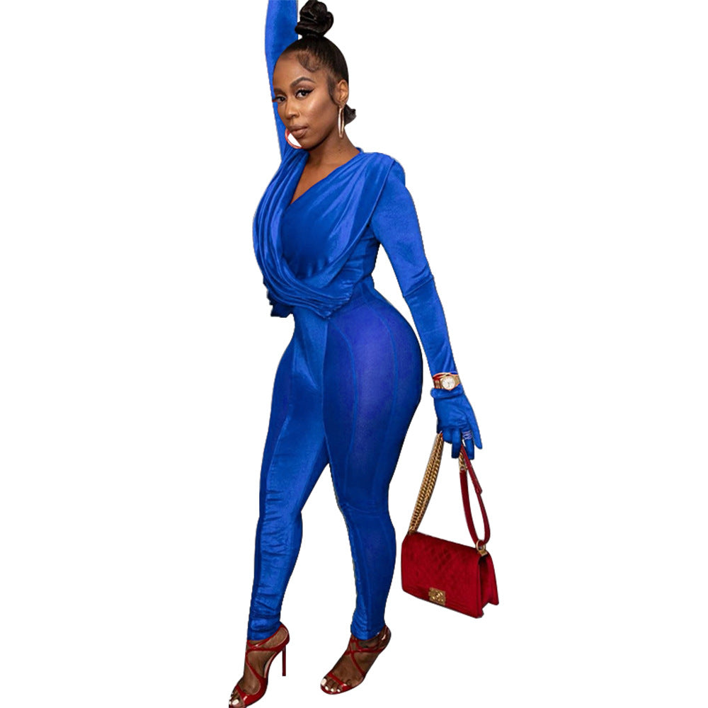 Blue Mesh Stitching Women Jumpsuit