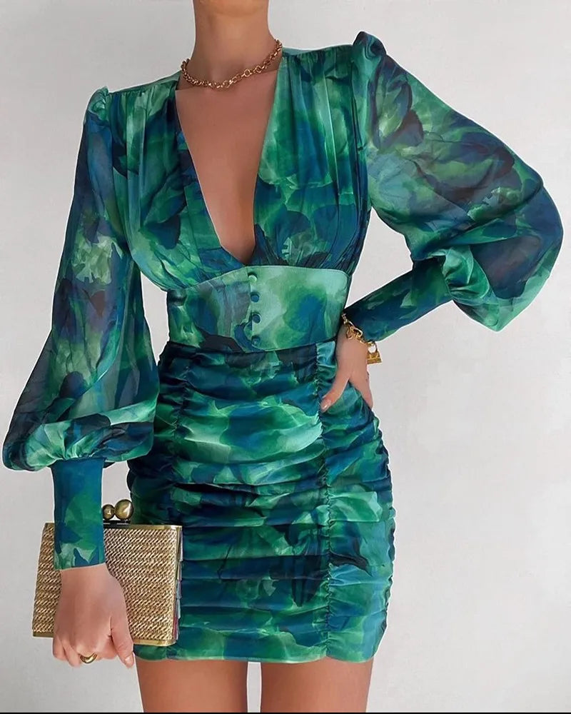 Green Perla Puff Sleeve Bodycon Mini Dress