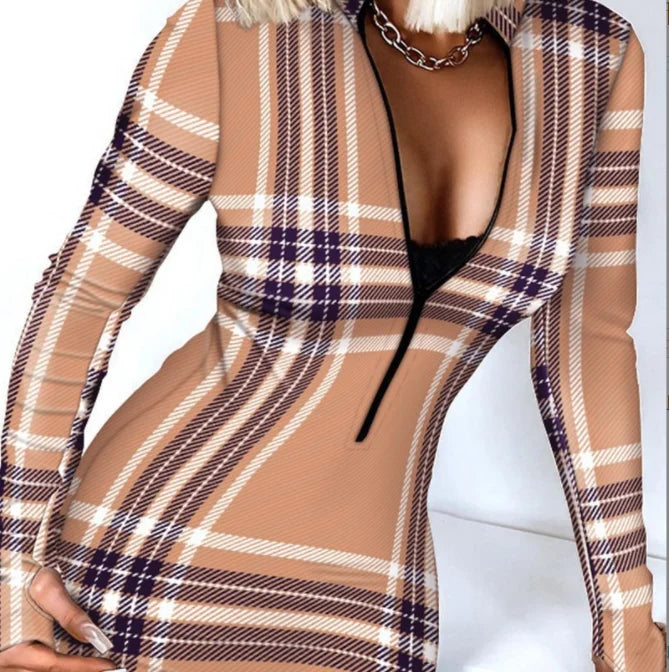 Priya Printed Bodycon Mini Dress Plaid brown