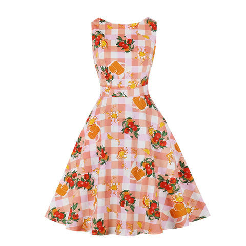 Peach Printed Retro Bubble Skirt Midi Dress