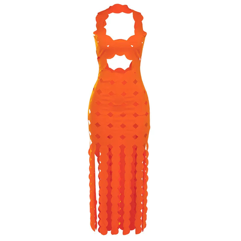Sexy Low Neck Slim Hollow Out Tassels Backless Orange Dress