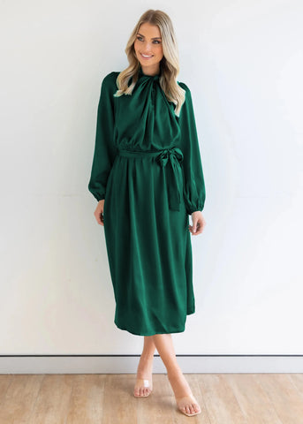 Green Lantern Sleeve Satin Evening Dress