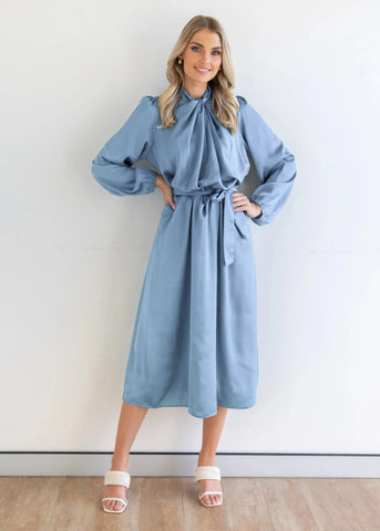 Light Blue Lantern Sleeve Satin Evening Dress