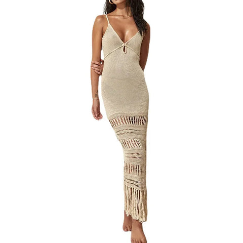 Tassel Crochet Hollow Out Women Beach Dress Khaki