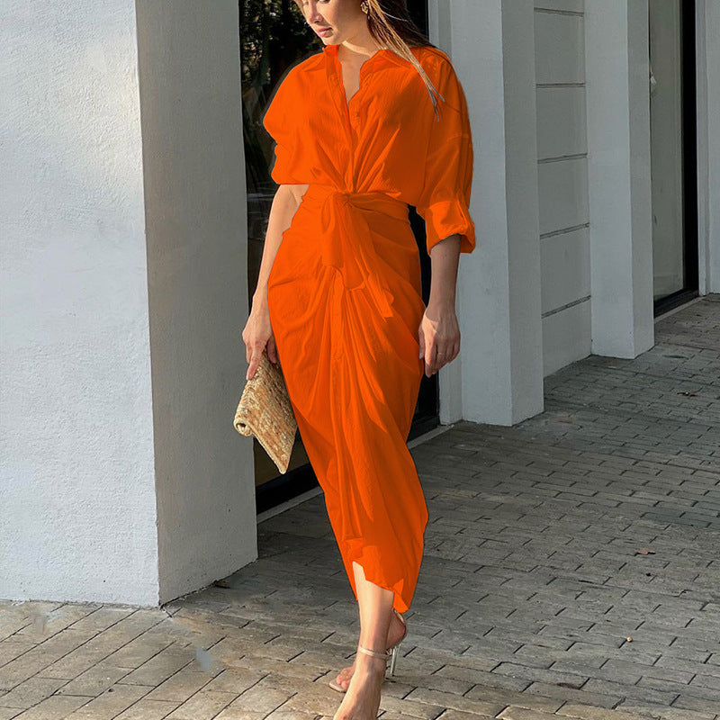 Orange V-Neck Long Sleeve Beach Maxi Dress
