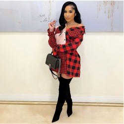 Red Splicing Plaid Casual Dress