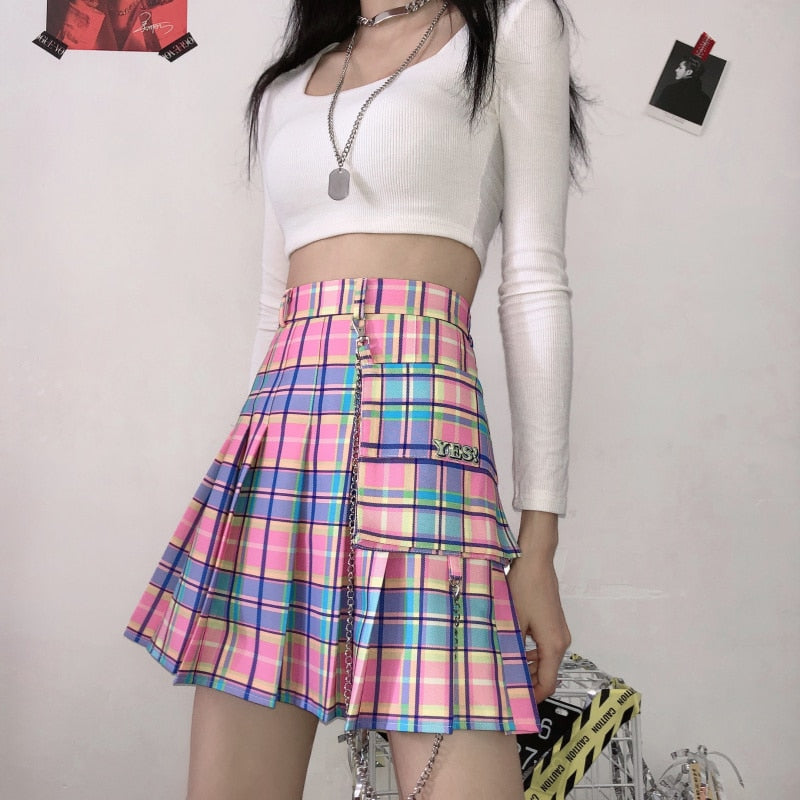 Elastic High Waist A-line Pleated Mini Skirt - Front View