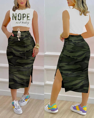 Ladies Casual Crop Top Drawstring Slit Skirt Set Camouflage